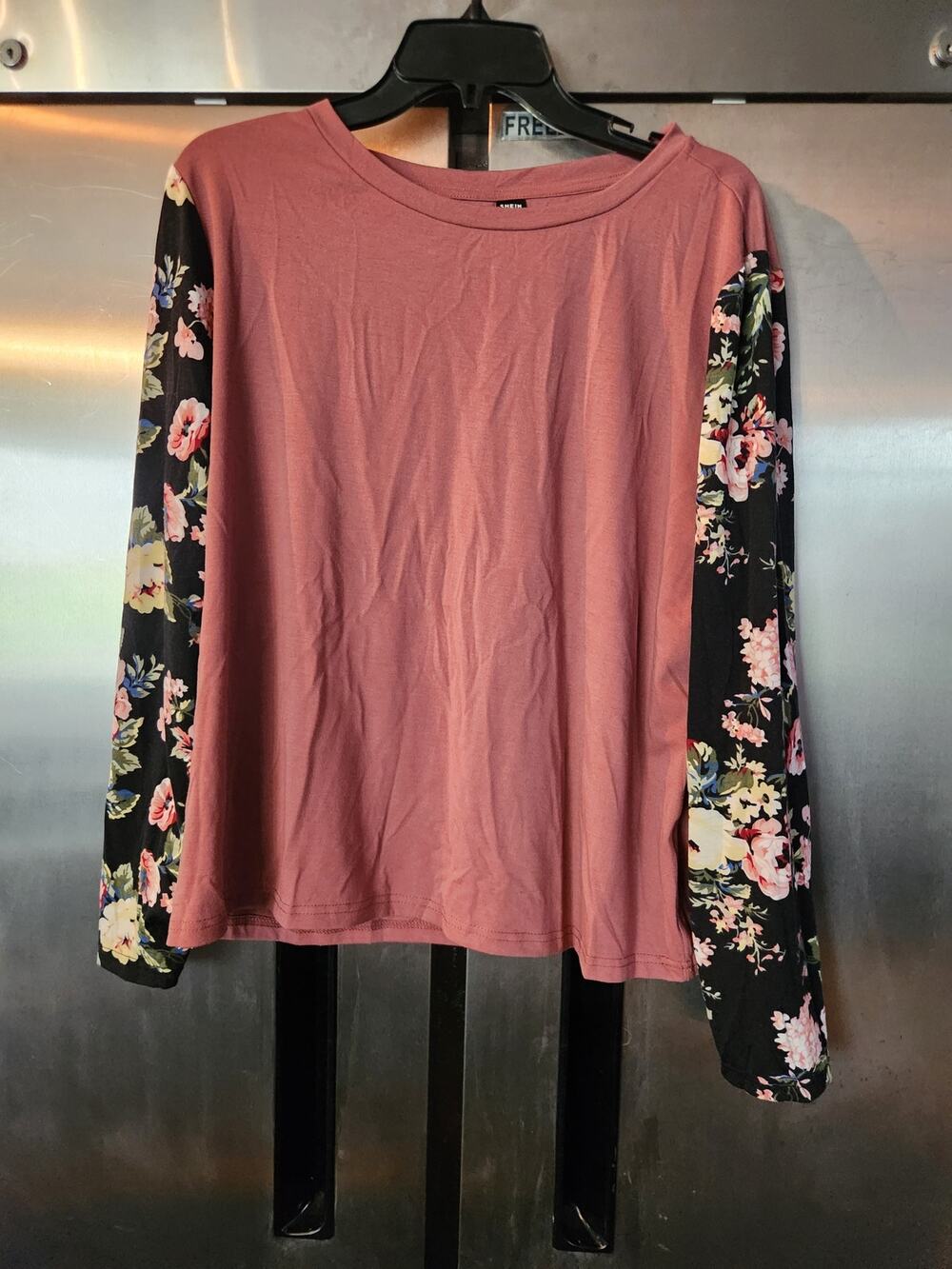SHEIN Women's Floral Contrast Sleeve Top Size XL Mauve Long Sleeve